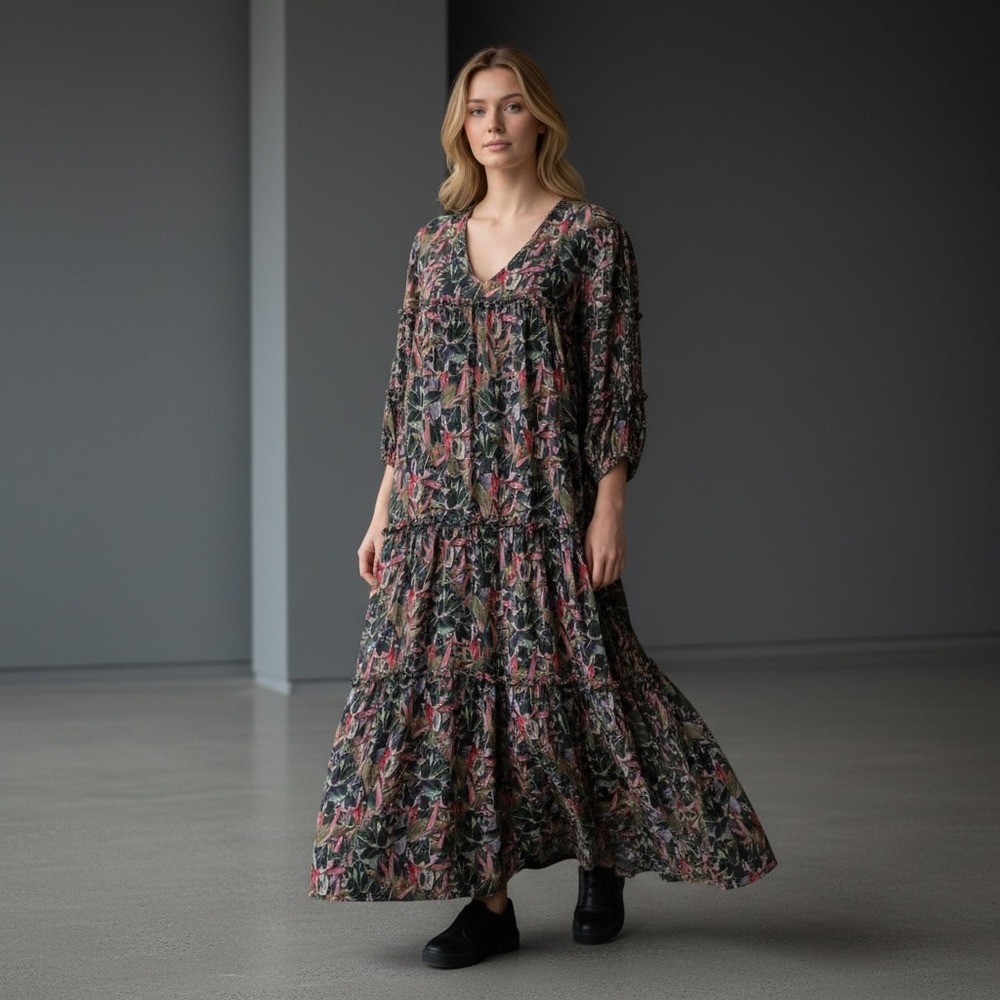 Taylor Tillman New York Floral Tiered Maxi Dress XL Rayon Challis V-Neck Boho